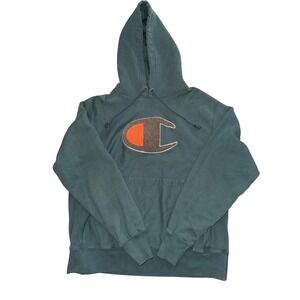 Champion Reverse Weave Hoodie Mens Medium Teal Green Chenille Big Logo GF68